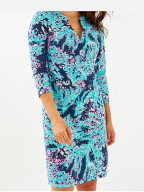 Lilly Pulitzer Delora Small Dress Pink Blue 3/4 Sleeve Cotton Vacation Beach